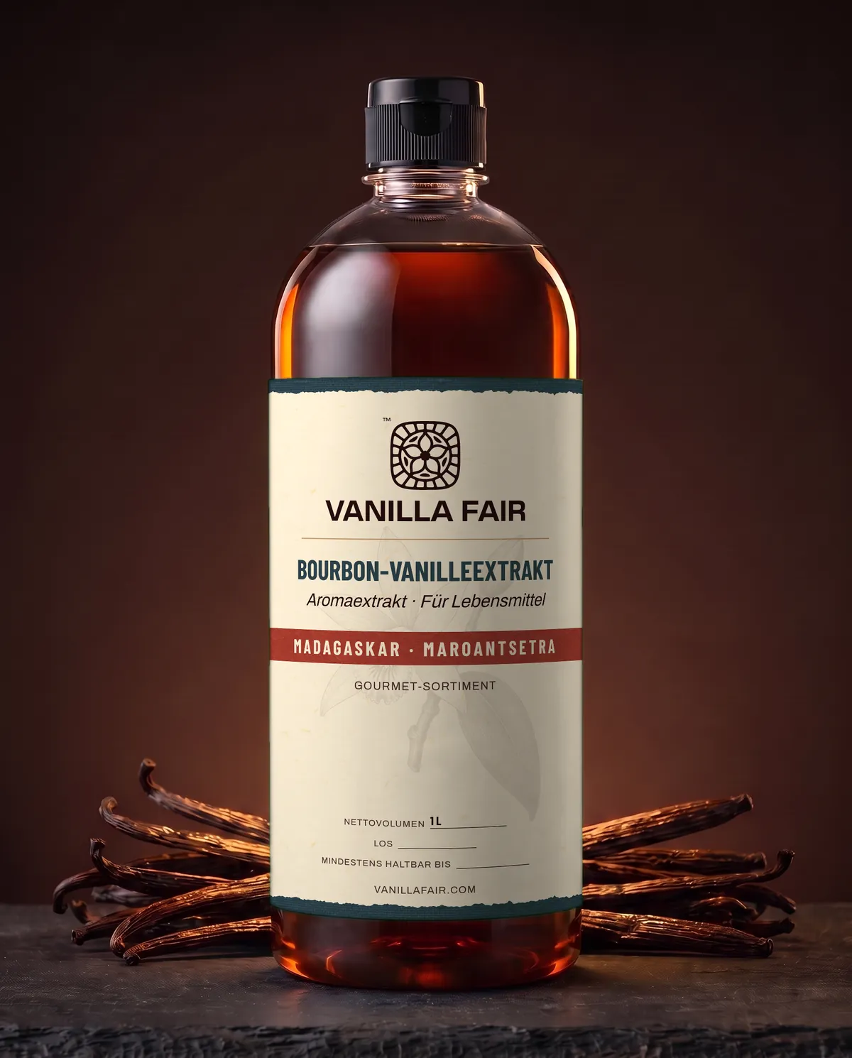 Bourbon-Vanilleextrakt von Vanilla Fair in einer 1-Liter-PET-Flasche Bourbon-Vanilleextrakt von Vanilla Fair in einer 1-Liter-PET-Flasche