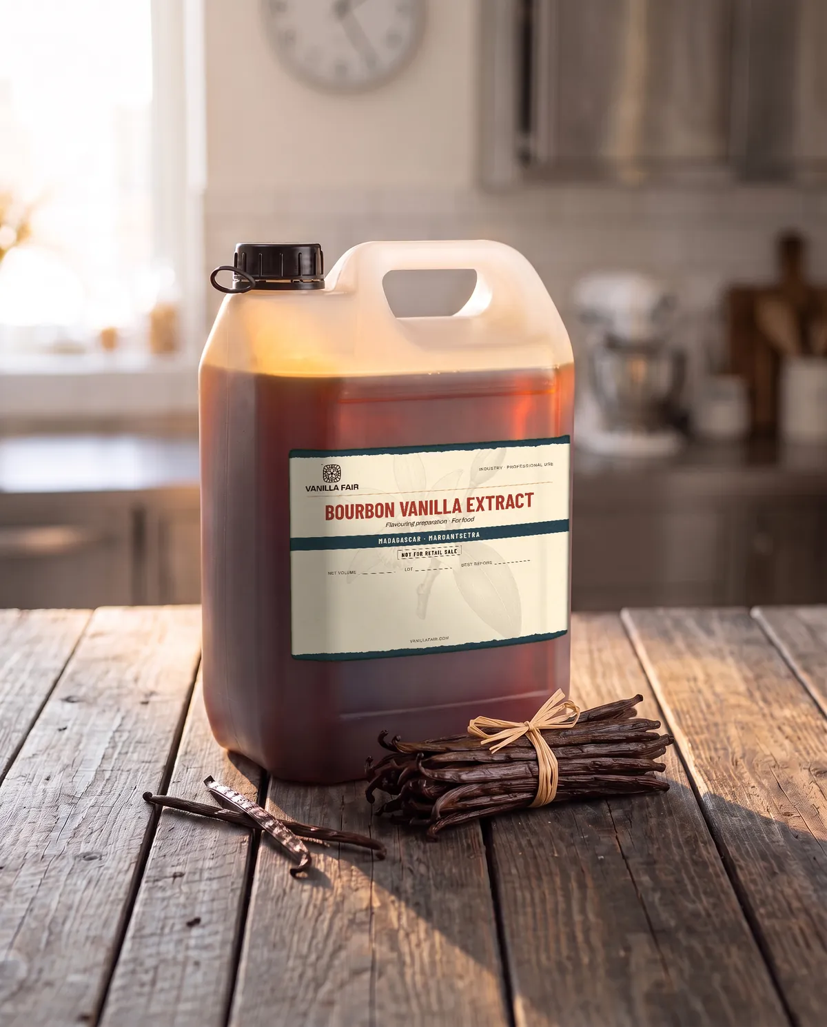 Vanilla Fair Bourbon vanilla extract in a 5 litre professional jerrycan