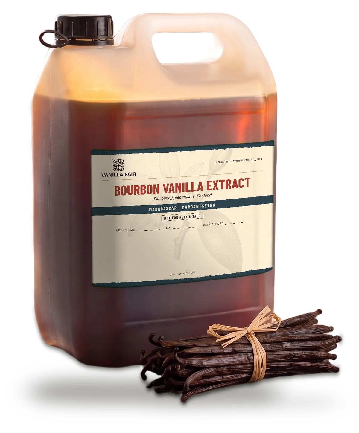 Vanilla Fair Bourbon vanilla extract in a 5 litre professional jerrycan Vanilla Fair Bourbon vanilla extract in a 5 litre professional jerrycan
