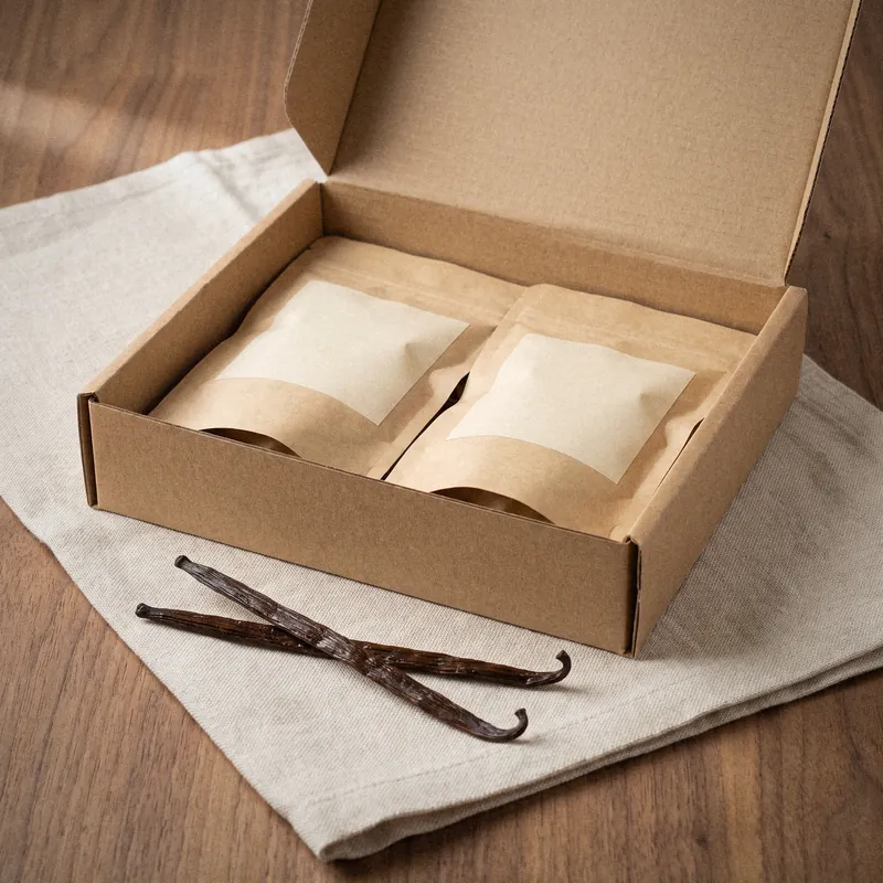 Neutrale Kraftbox mit zwei Kraftbeuteln und leeren Eigenmarken-Etiketten