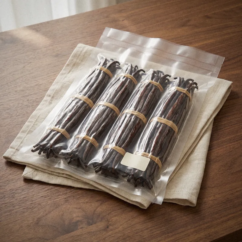 Vakuumverpackte Großpackung mit bastgebundenen Bündeln ganzer Bourbon-Gourmet-Vanilleschoten und leerem Etikett