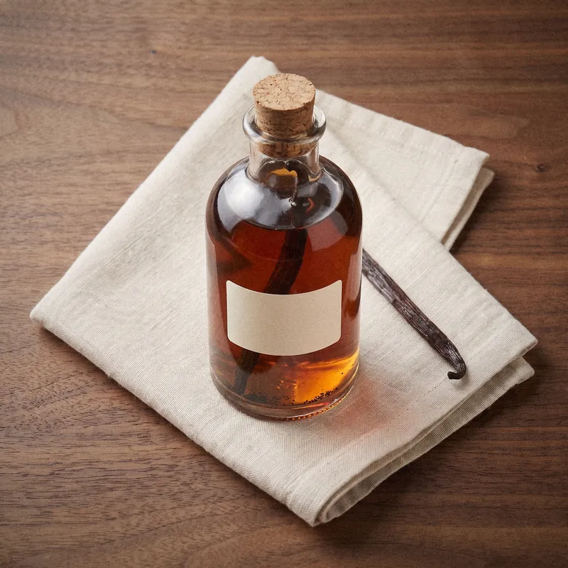 Kleine Glasflasche mit Korken, Vanilleextrakt mit ganzer Schote und leerem Eigenmarken-Etikett