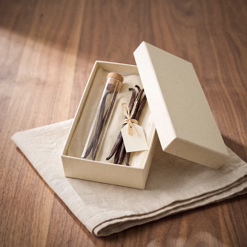 Cremefarbene Geschenkbox mit verkorktem Glasröhrchen voller Vanilleschoten und bastgebundenem Bündel mit leerem Anhänger