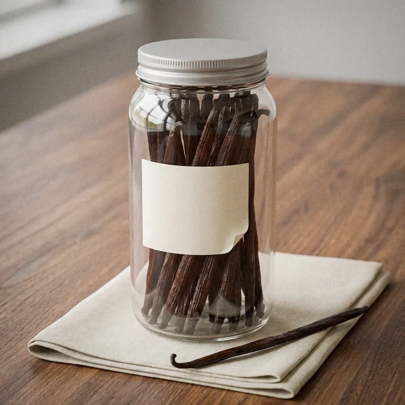 Glas mit ganzen Bourbon-Gourmet-Vanilleschoten und leerem Eigenmarken-Etikett Glas mit ganzen Bourbon-Gourmet-Vanilleschoten und leerem Eigenmarken-Etikett
