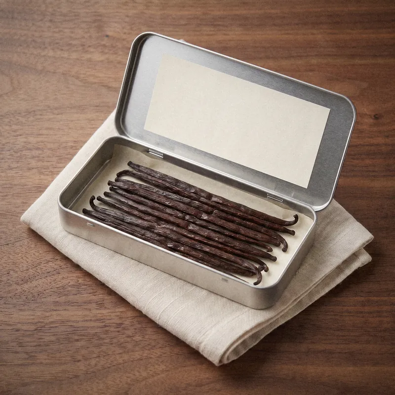 Offene Metalldose mit ganzen Bourbon-Gourmet-Vanilleschoten, leeres Eigenmarken-Etikett im Deckel Offene Metalldose mit ganzen Bourbon-Gourmet-Vanilleschoten, leeres Eigenmarken-Etikett im Deckel