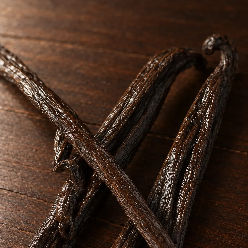 Gousses de vanille Bourbon Gourmet sur bois sombre, gros plan Gousses de vanille Bourbon Gourmet sur bois sombre, gros plan
