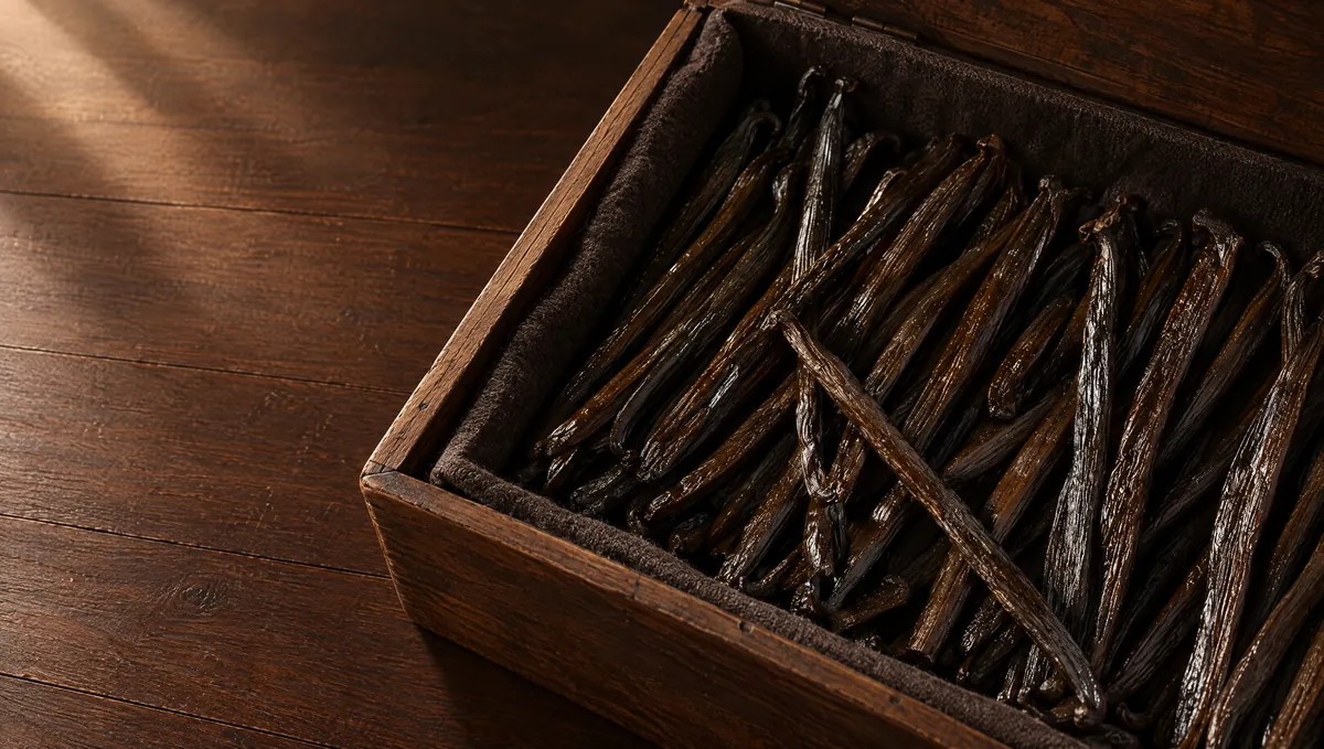 Gousses de vanille Bourbon Gourmet dans une malle d'affinage en bois Gousses de vanille Bourbon Gourmet dans une malle d'affinage en bois