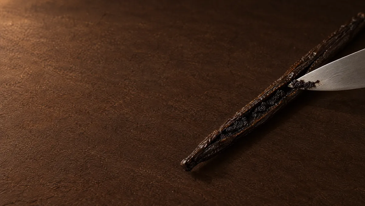 Gousse de vanille fendue, une pointe de couteau racle le caviar de vanille Gousse de vanille fendue, une pointe de couteau racle le caviar de vanille