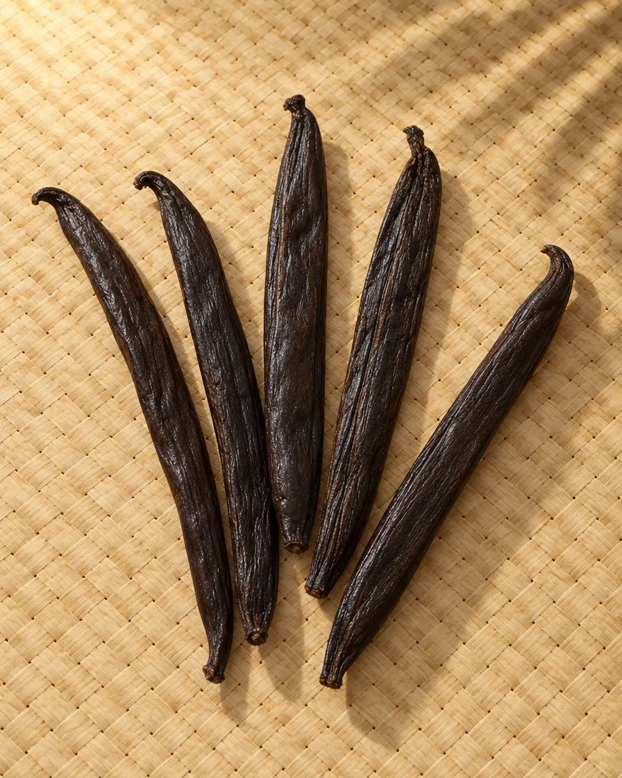 Gousses de vanille Pompona sur une natte de raphia, nature morte Gousses de vanille Pompona sur une natte de raphia, nature morte