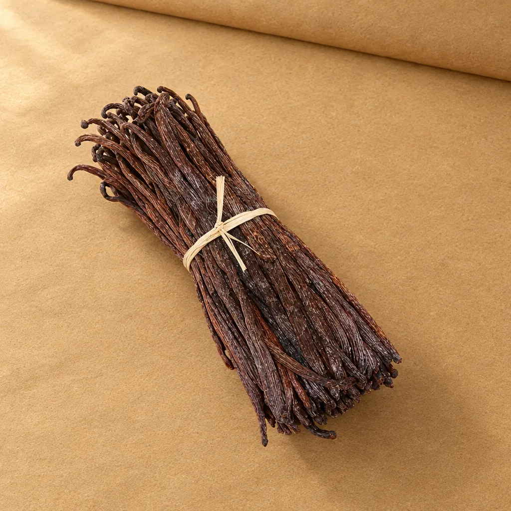 Red Europe vanilla beans on kraft paper, packshot Red Europe vanilla beans on kraft paper, packshot