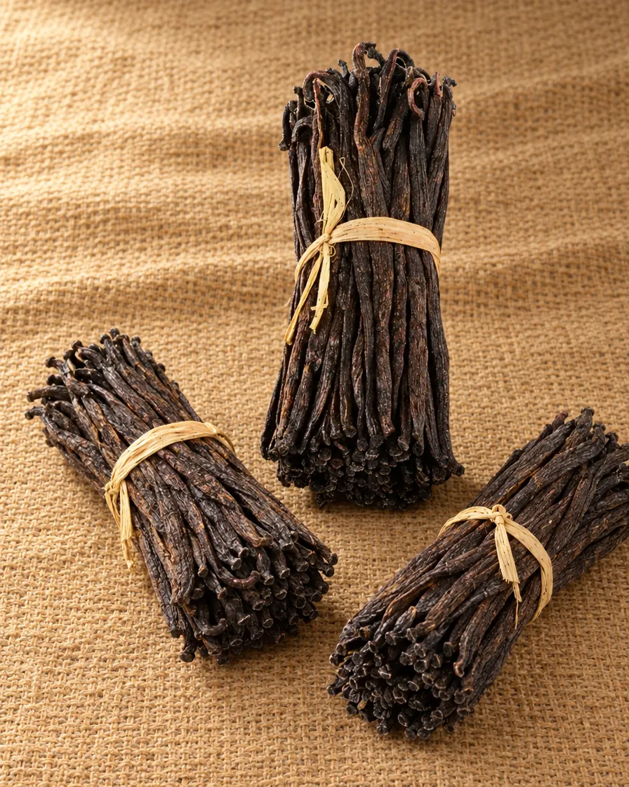 Red US vanilla beans on jute cloth, still life Red US vanilla beans on jute cloth, still life