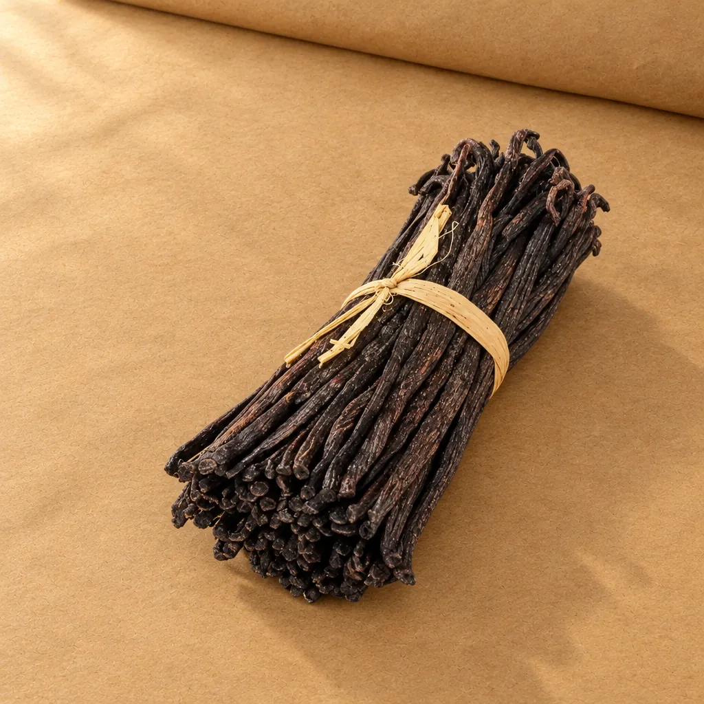 Red US vanilla beans on kraft paper, packshot Red US vanilla beans on kraft paper, packshot