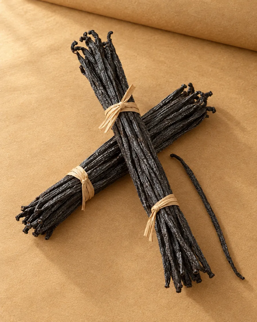 Gousses de vanille TK Black sur papier kraft, nature morte Gousses de vanille TK Black sur papier kraft, nature morte