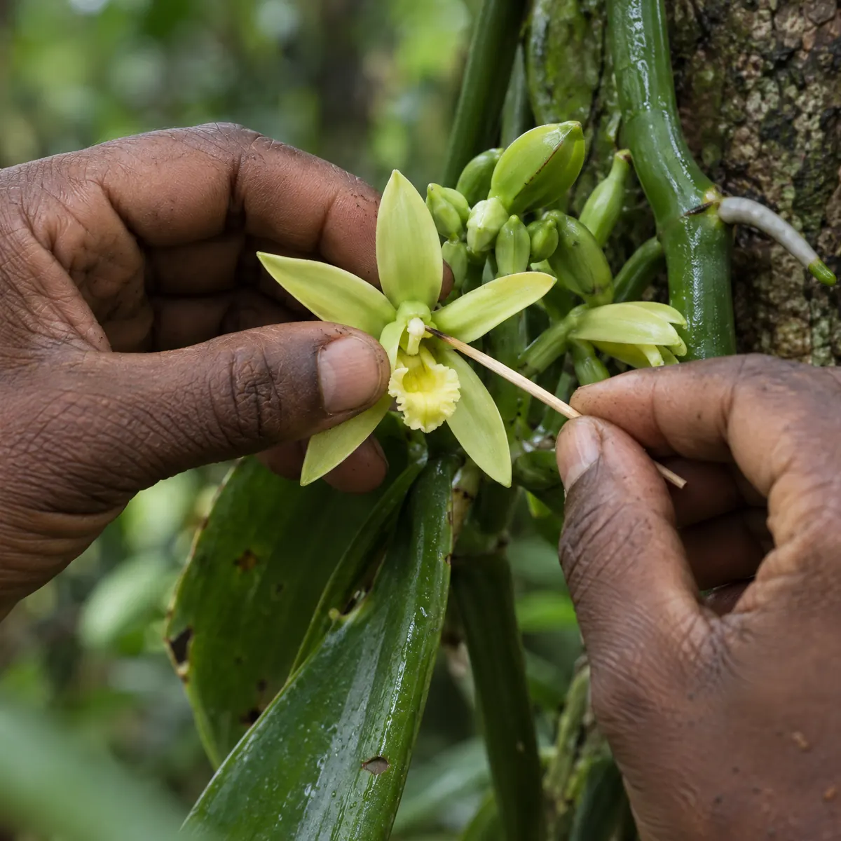 Pollinisation manuelle de la fleur de vanille : la fleur est tenue ouverte et une aiguille de bambou atteint la colonne, tôt le matin