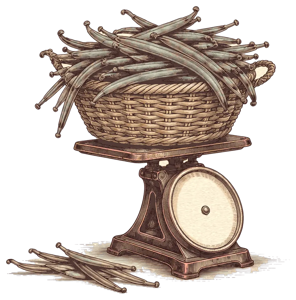 Illustration d'un panier de gousses de vanille vertes sur une bascule