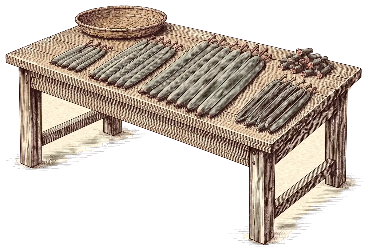 Illustration de gousses de vanille vertes triées par longueur sur une table en bois