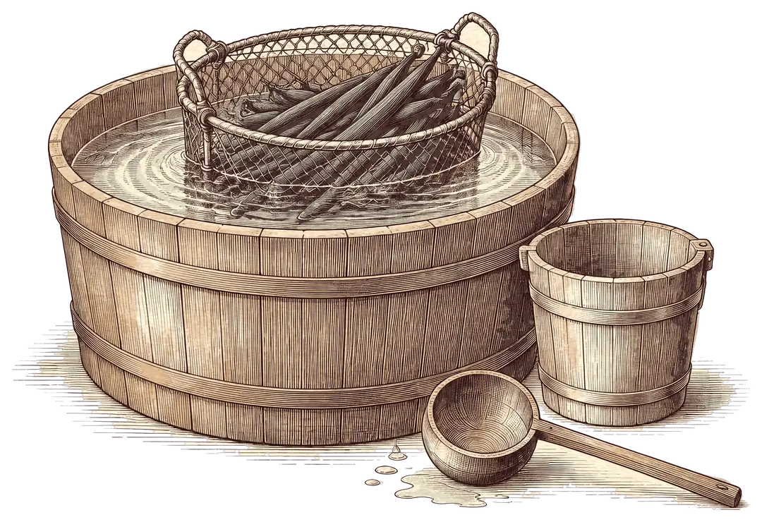 Illustration d'un panier grillagé de gousses de vanille vertes dans un bac de lavage en bois