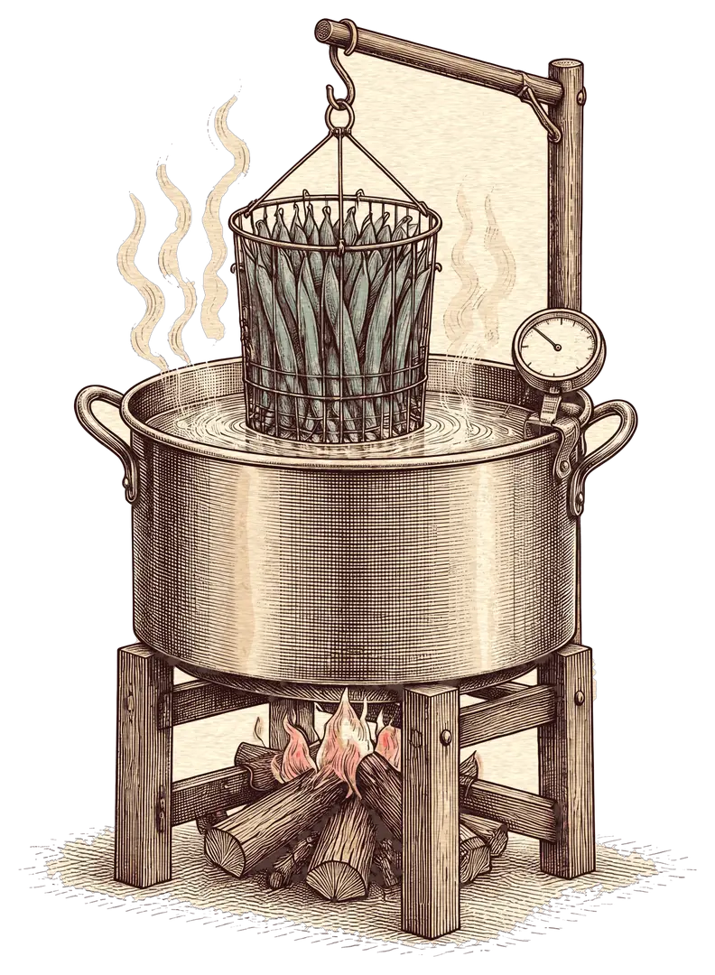 Illustration d'un panier de gousses de vanille vertes suspendu au-dessus d'une marmite d'eau chaude sur un feu de bois