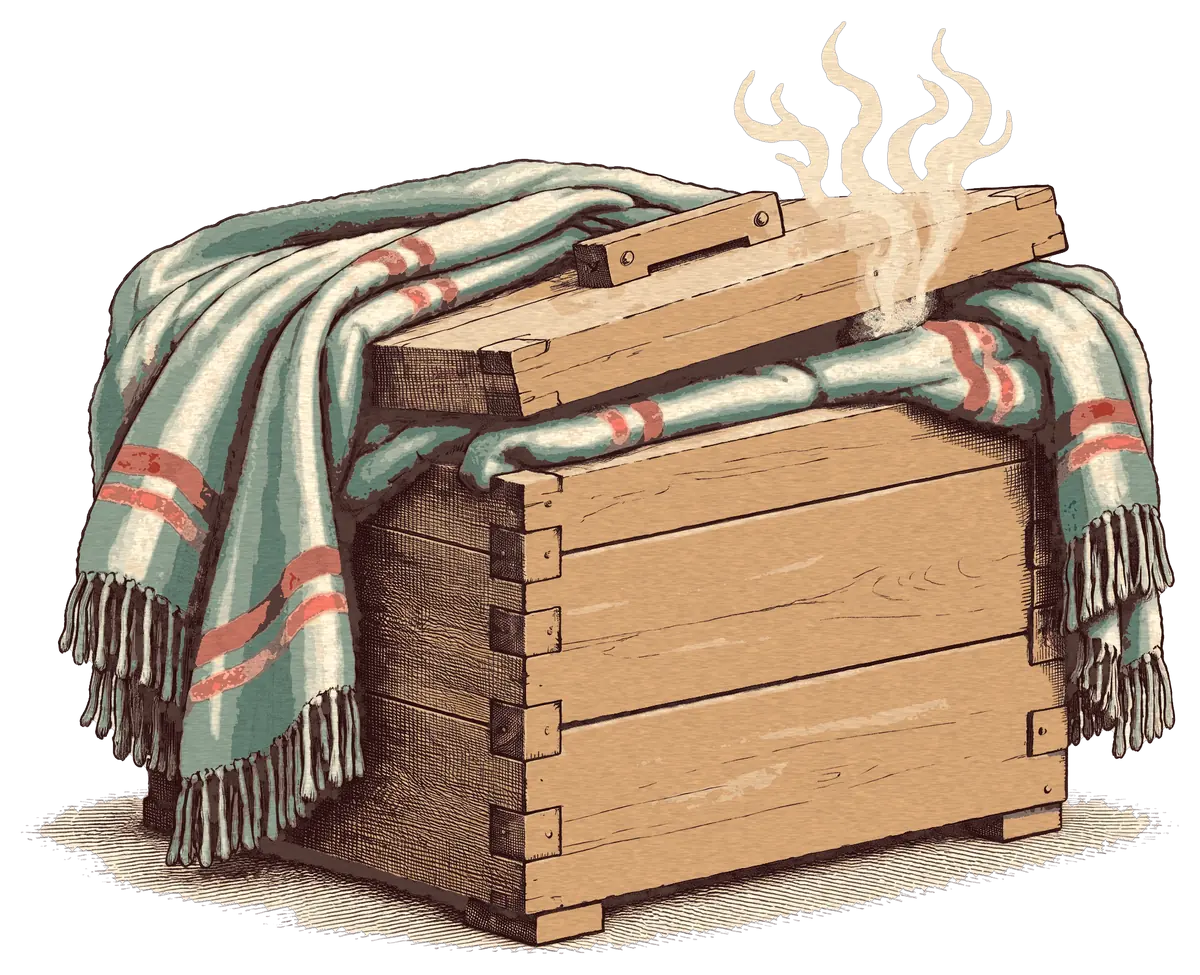 Illustration d'une malle d'étuvage en bois enveloppée de couvertures de laine rayées, d'où s'échappe de la vapeur