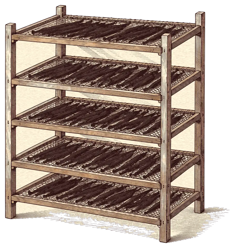 Illustration de gousses de vanille brunes étalées sur des claies de séchage en bois étagées