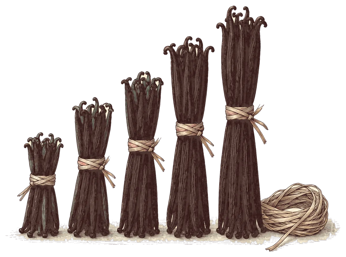 Illustration de bottes de gousses de vanille préparées, calibrées par longueur et liées au raphia