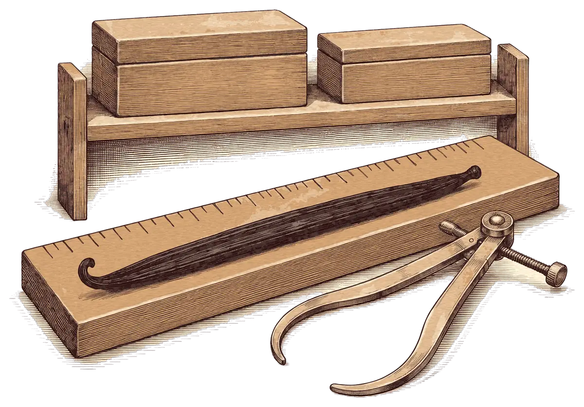 Illustration d'une gousse de vanille préparée mesurée le long d'une règle en bois, avec un pied à coulisse