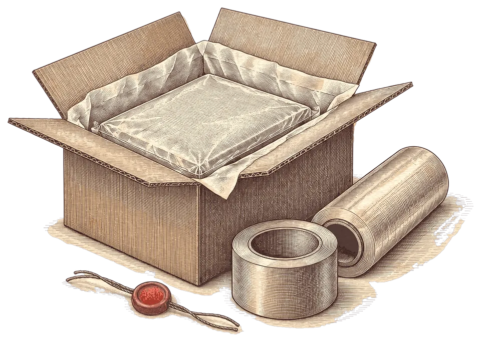 Illustration d'un colis sous vide dans un carton garni de papier paraffiné
