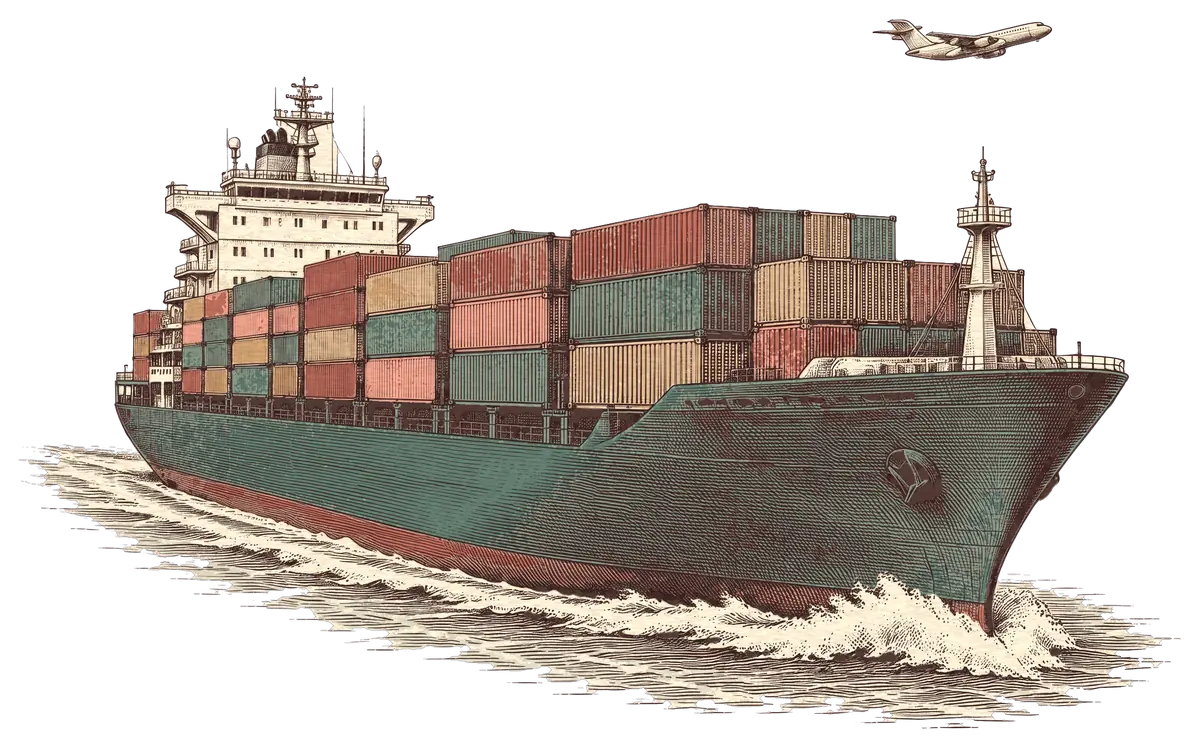 Illustration d'un porte-conteneurs chargé de conteneurs colorés en mer
