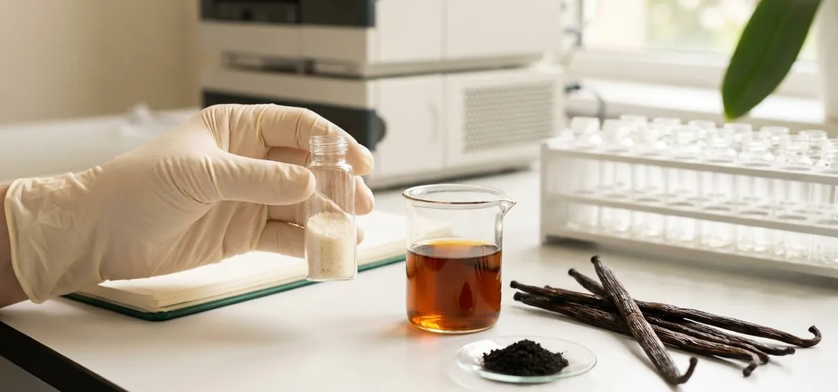 Gloved hand holding a vial of vanillin crystals beside a beaker of vanilla extract in a lab