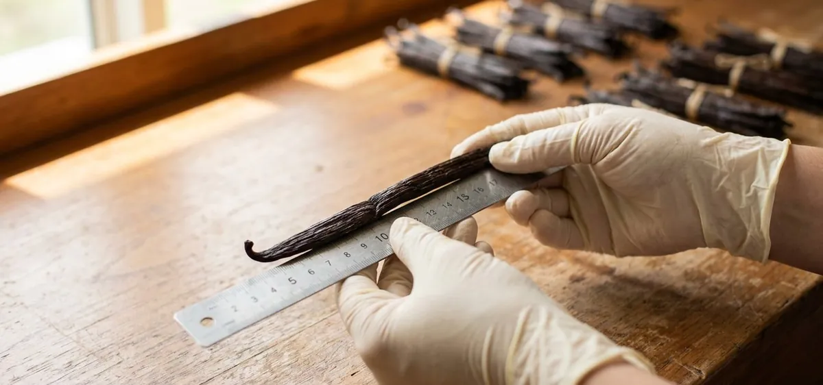 Hands measuring a cured black vanilla bean against a steel ruler on a grading table, with bundles sorted by length Hands measuring a cured black vanilla bean against a steel ruler on a grading table, with bundles sorted by length