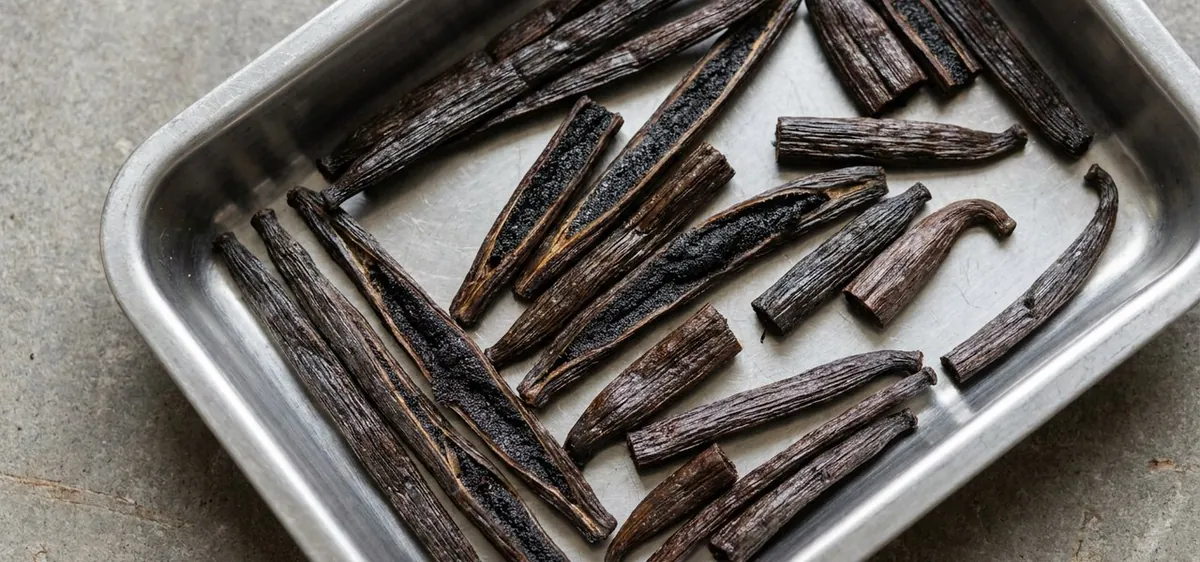 Short reddish-brown vanilla cuts and split beans in a stainless steel tray Short reddish-brown vanilla cuts and split beans in a stainless steel tray
