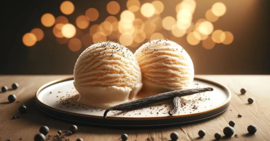 Deux boules de crème glacée à la vanille sur une assiette en céramique, accompagnées de gousses de vanille et saupoudrées de poivre noir, magnifiquement mises en lumière contre un arrière-plan flou et chaleureux, mettant en valeur le riche profil aromatique de la vanille.