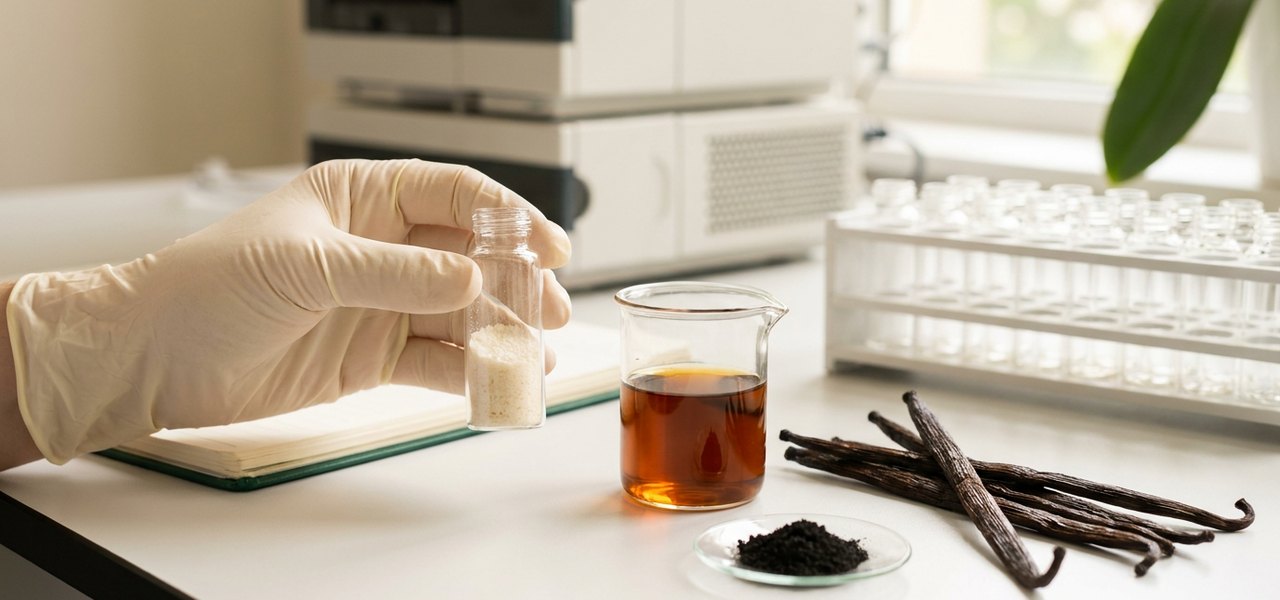 Behandschuhte Hand hält im Labor ein Fläschchen mit Vanillinkristallen neben einem Becherglas mit Vanilleextrakt