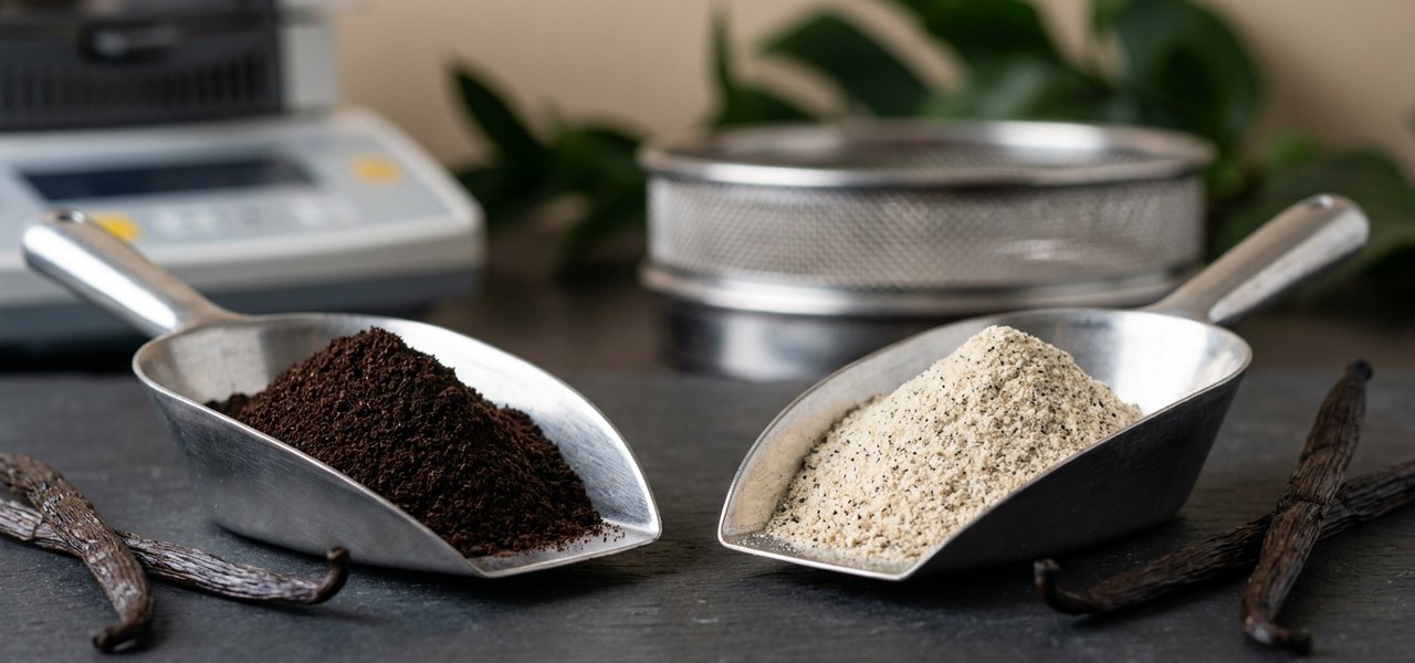 Zwei Proben im Vergleich auf Schiefer: dunkles Pulver aus gemahlenen Vanilleschoten und helleres extrahiertes Vanillepulver mit sichtbaren schwarzen Pünktchen