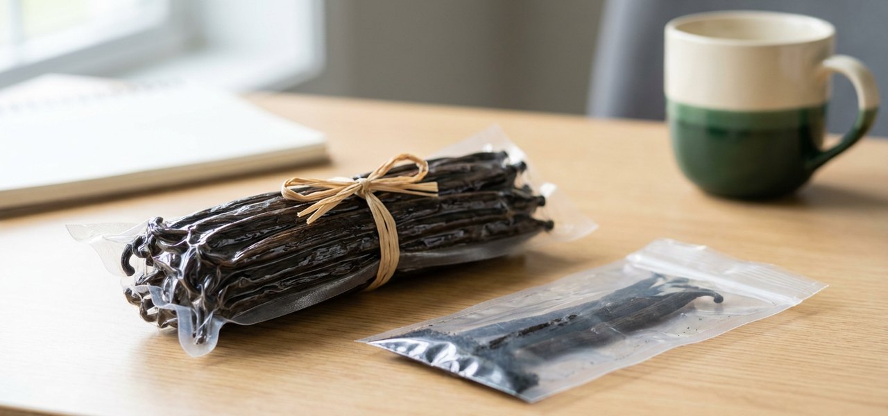 Vakuumverpacktes, mit Bast gebundenes Bündel schwarzer Vanilleschoten neben einem versiegelten Musterbeutel