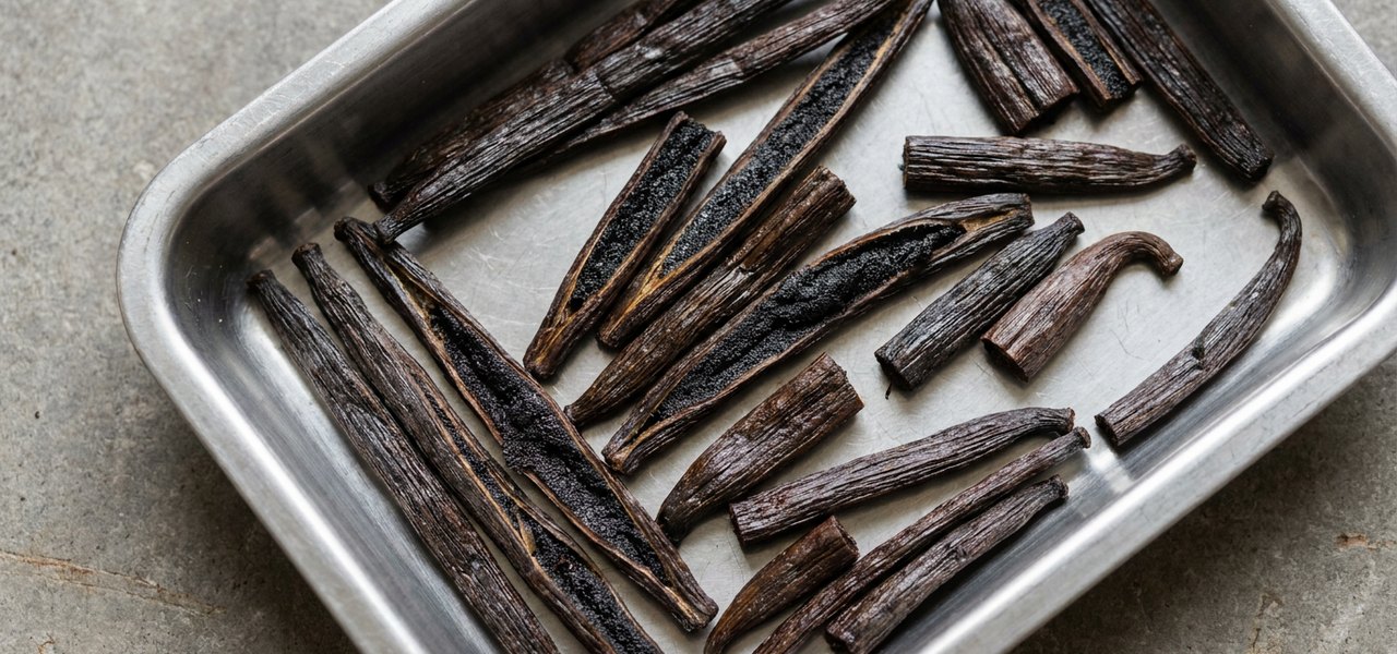 Kurze, rötlich braune Schnittvanille und gespaltene Schoten in einer Edelstahlschale