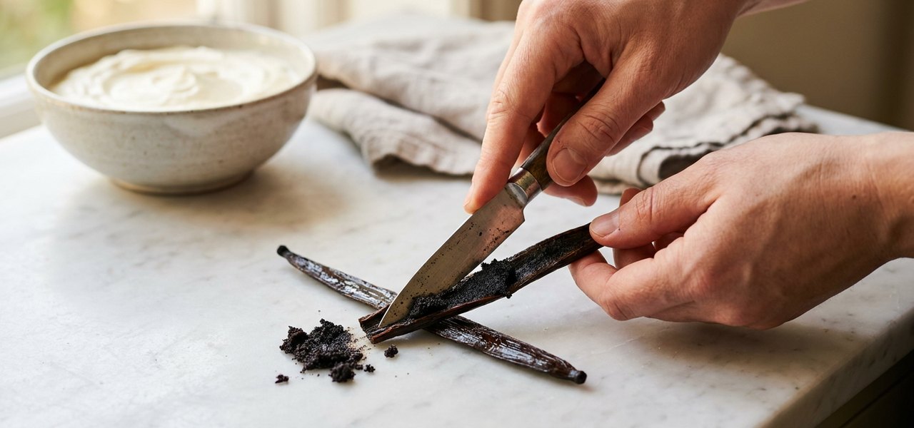 Hände kratzen mit einem kleinen Messer das Mark aus einer geschmeidigen schwarzen Vanilleschote auf einer Marmorplatte